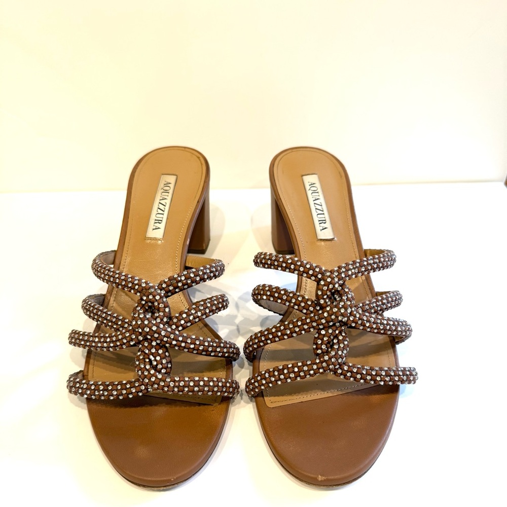 Aquazzura 50mm Brown Leather and Crystal Mule Sandals